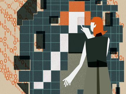 Illustrated woman with orange hair points at pixelated screen with binary code. She is wearing a sleeveless dress.