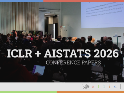 Photo of audience facing a presentation screen in a semianr. Text: ICRL + AISTATS 2026 conference papers
