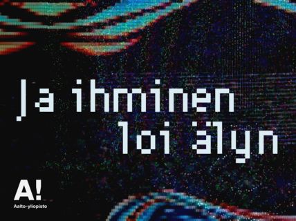 Glitch art of flowing blue and red wave with Finnish text and Aalto University logo at bottom left