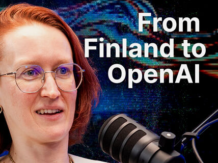 Red-haired person with glasses speaking into a studio microphone, text reads From Finland to OpenAI