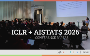 Photo of audience facing a presentation screen in a semianr. Text: ICRL + AISTATS 2026 conference papers