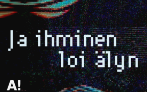 Glitch art of flowing blue and red wave with Finnish text and Aalto University logo at bottom left