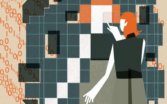 Illustrated woman with orange hair points at pixelated screen with binary code. She is wearing a sleeveless dress.