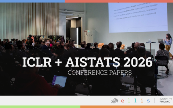 Photo of audience facing a presentation screen in a semianr. Text: ICRL + AISTATS 2026 conference papers