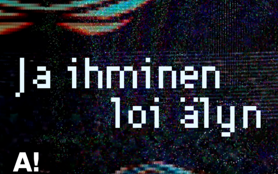 Glitch art of flowing blue and red wave with Finnish text and Aalto University logo at bottom left