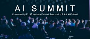 People sitting in a large room, facing the same direction. Also a text "AI Summit presented by ELLIS Institute Finland, Foundation PS & AI Finland".