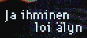 Glitch art of flowing blue and red wave with Finnish text and Aalto University logo at bottom left