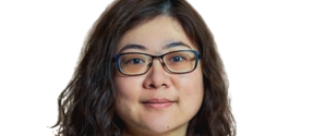Headshot of person wearing glasses, a dark sweater and striped shirt