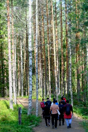 Group of people walking in the woods